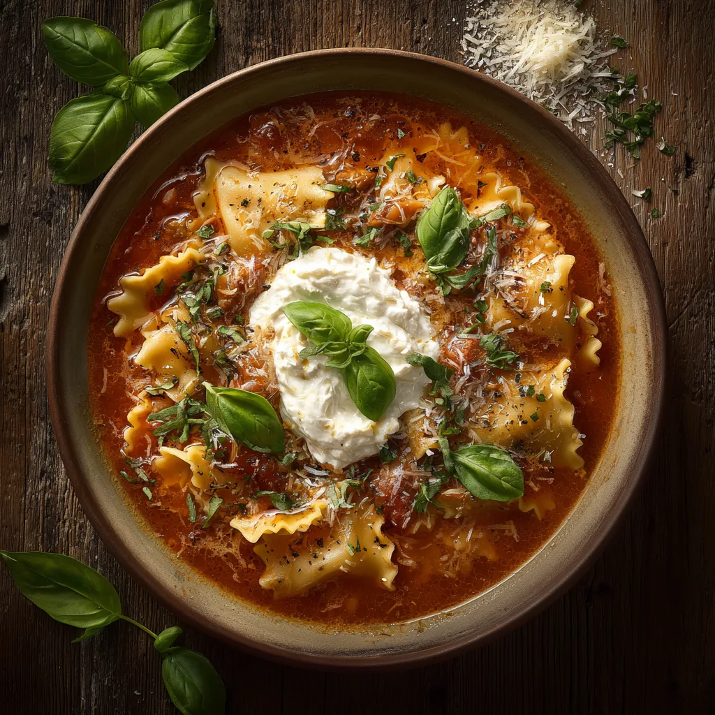 Lasagna Soup Dekonstruiert in einer Schüssel mit Ricotta und Basilikum – Draufsicht