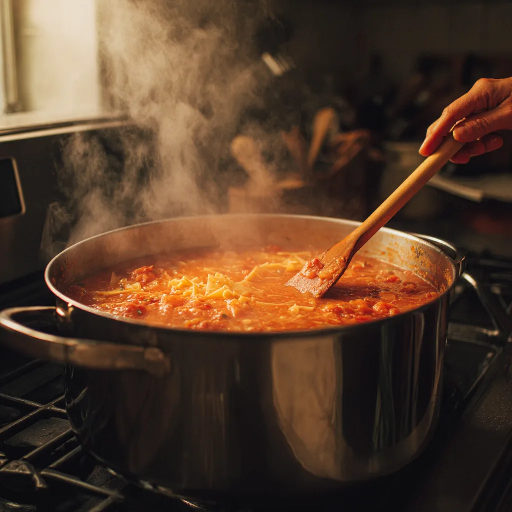 Lasagna Soup Dekonstruiert im Topf beim Köcheln mit Lasagneplatten