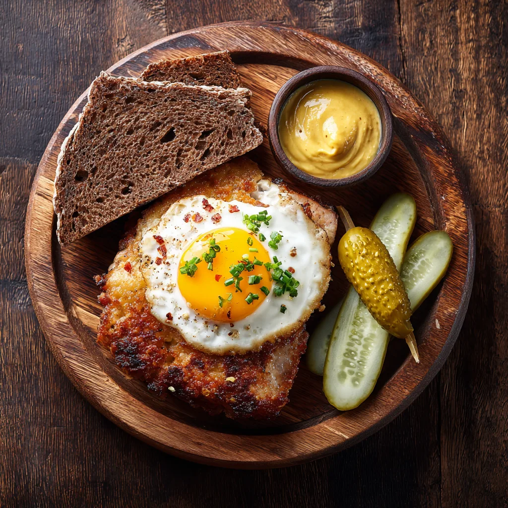 Leberkäse mit Spiegelei auf Holzbrett von oben