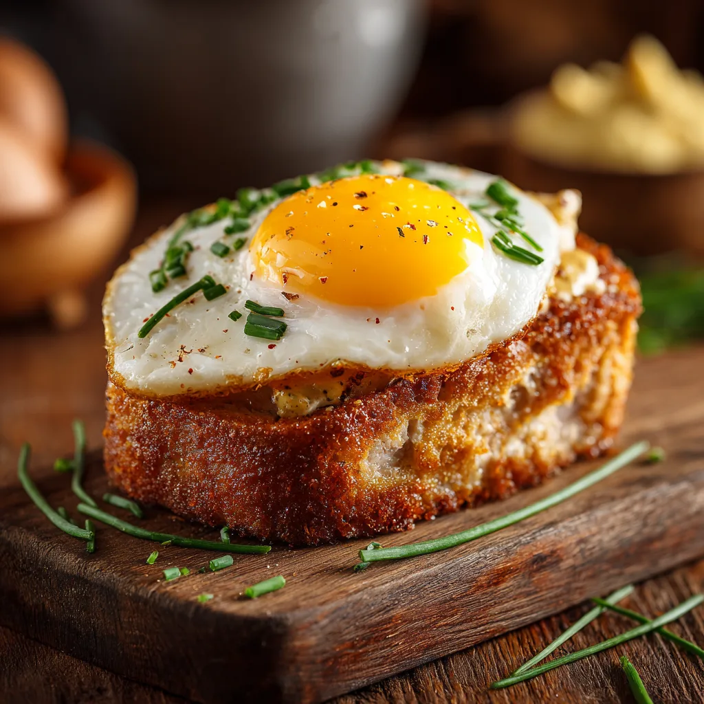 Fertiger Leberkäse mit Spiegelei auf Brot angerichtet