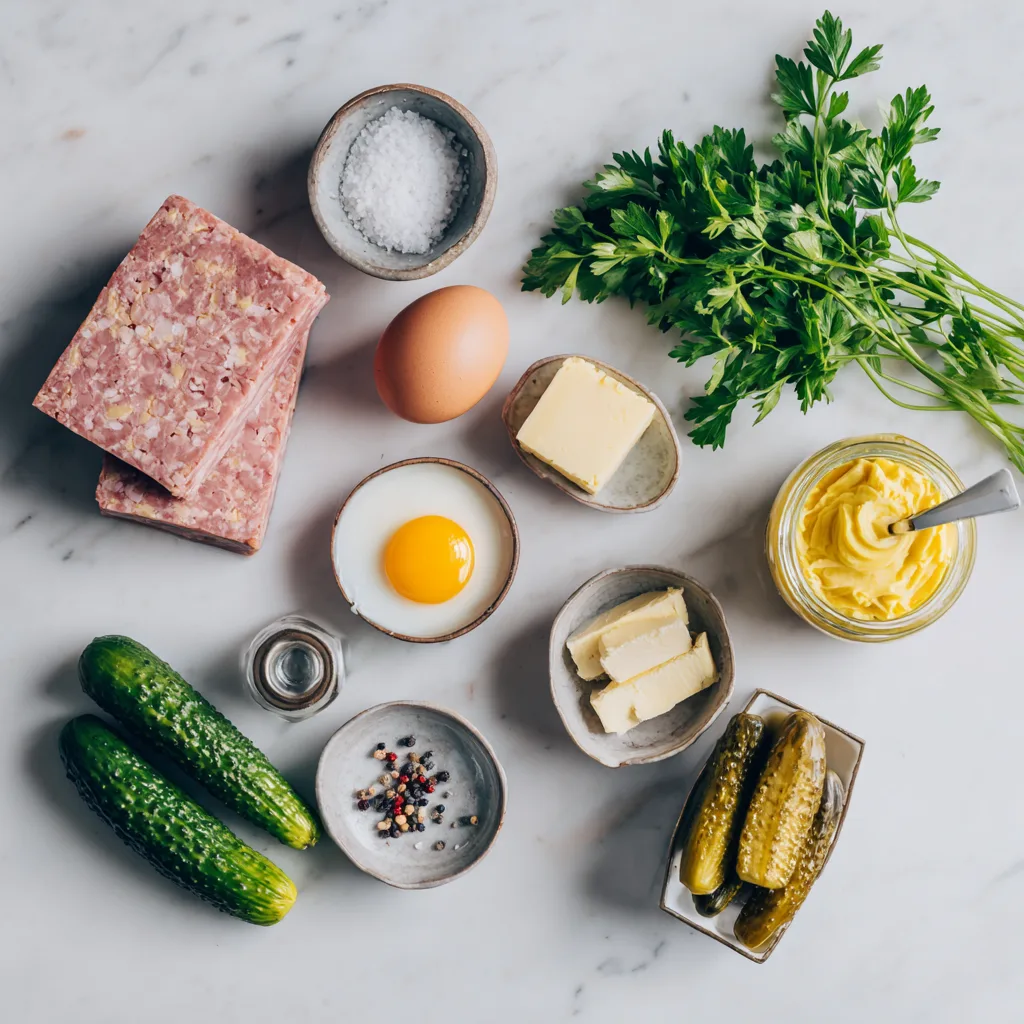 Zutaten für Leberkäse mit Spiegelei auf Marmorplatte