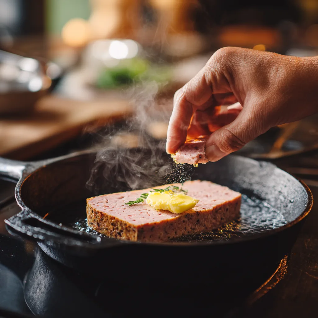 Leberkäse Scheibe wird in heiße Butter gelegt