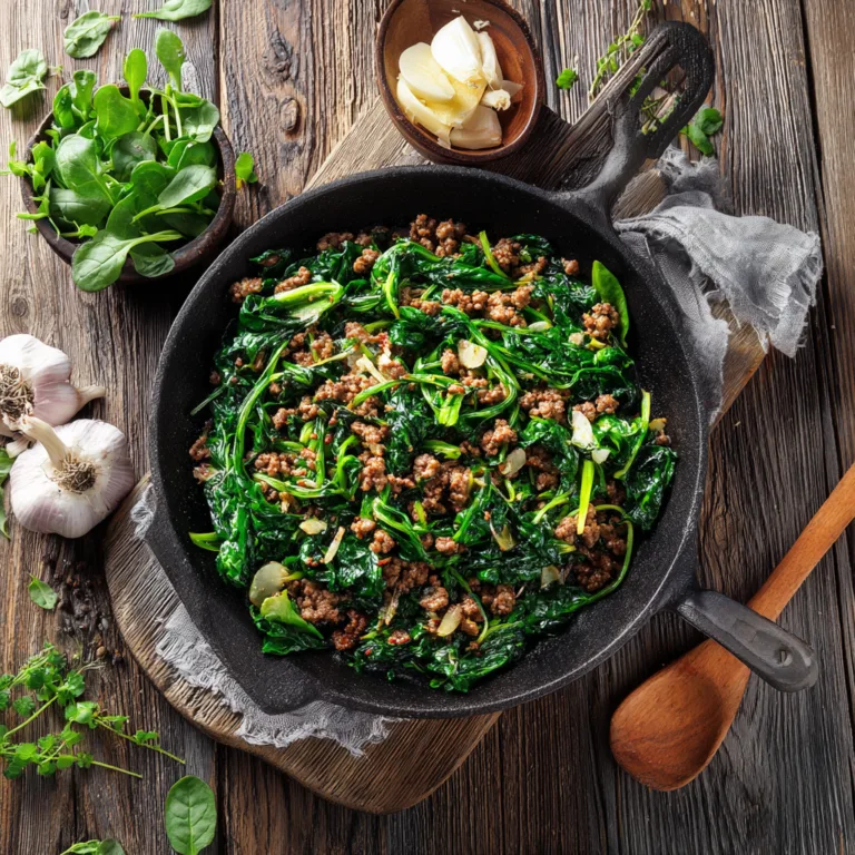 Draufsicht auf köstliche Mangold-Pfanne mit Hackfleisch in Gusseisenpfanne, fertig zum Servieren.