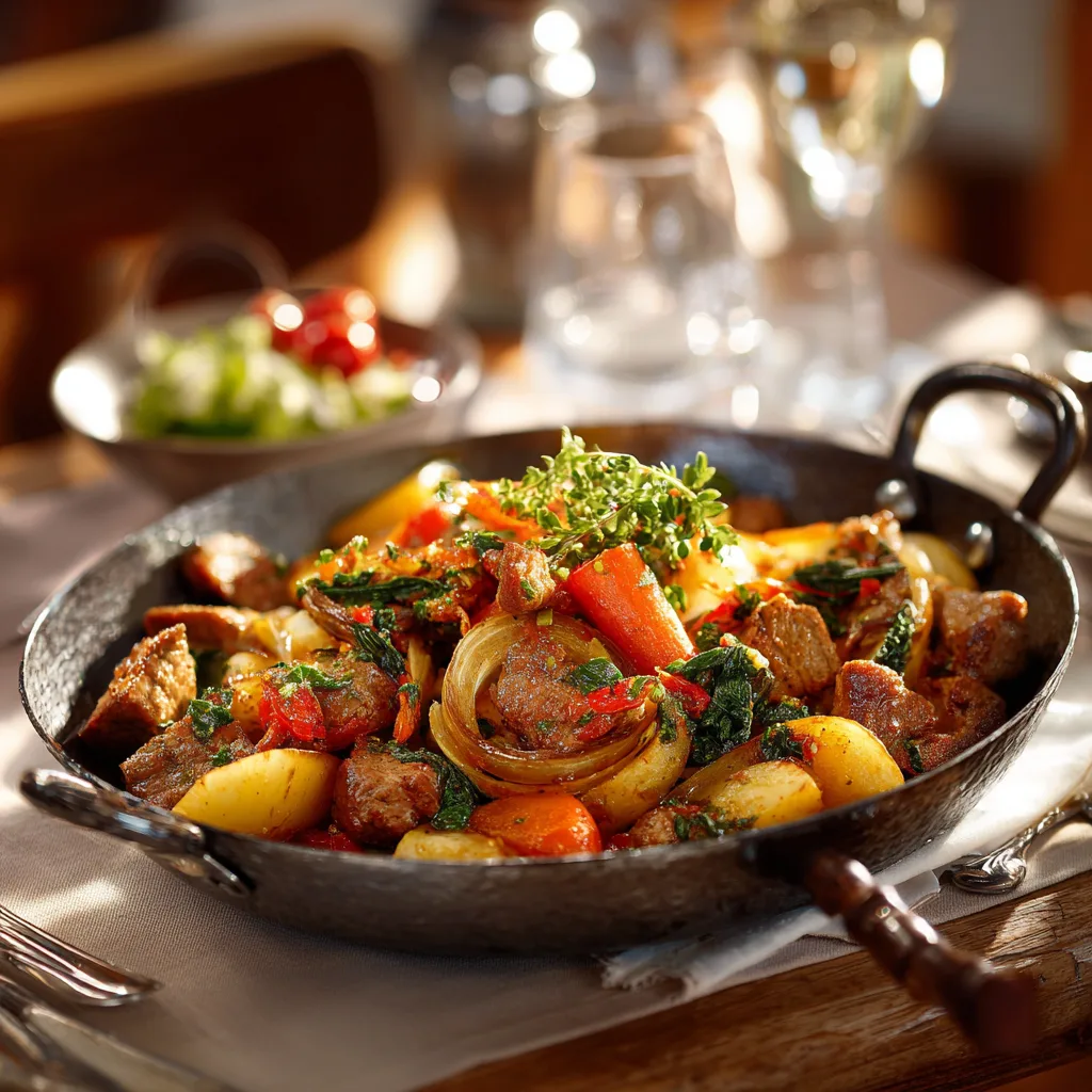 Fertige Mangold-Pfanne mit Hackfleisch, attraktiv angerichtet in einer Servierschale.