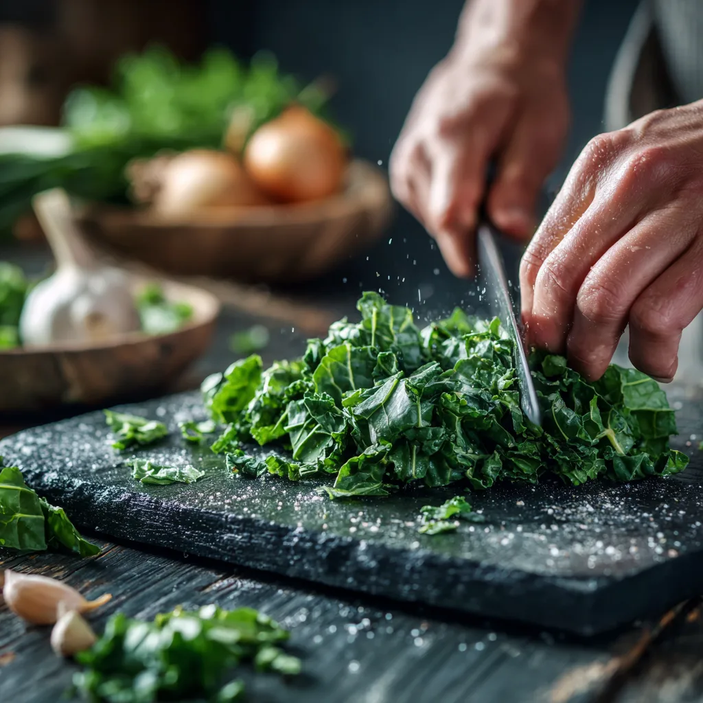 Alle frischen Zutaten für die Mangold-Pfanne mit Hackfleisch flach liegend.