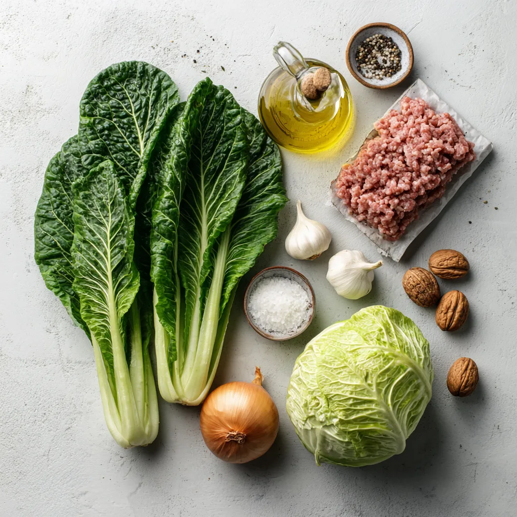 Nahaufnahme der Textur von Hackfleisch, Mangold und Zwiebeln in der Mangold-Pfanne.