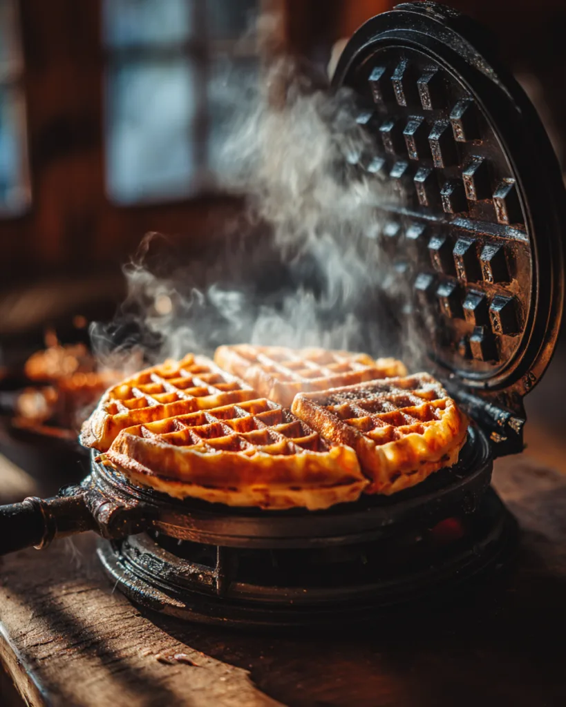 Goldene Waffel wird aus dem Waffeleisen genommen – Millefeuille Waffeln backen