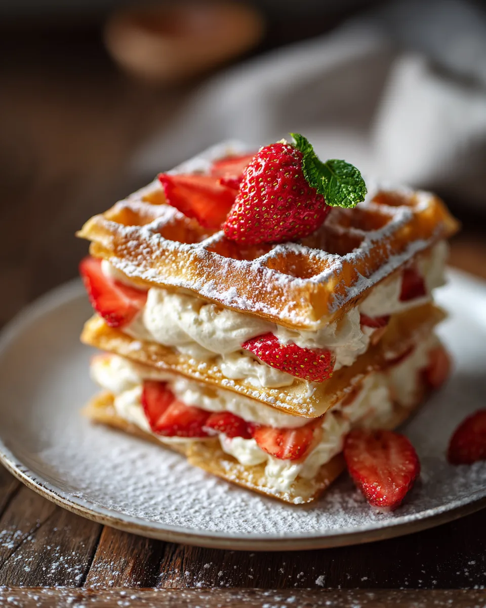 Millefeuille Waffeln mit Vanillecreme und frischen Erdbeeren – Draufsicht