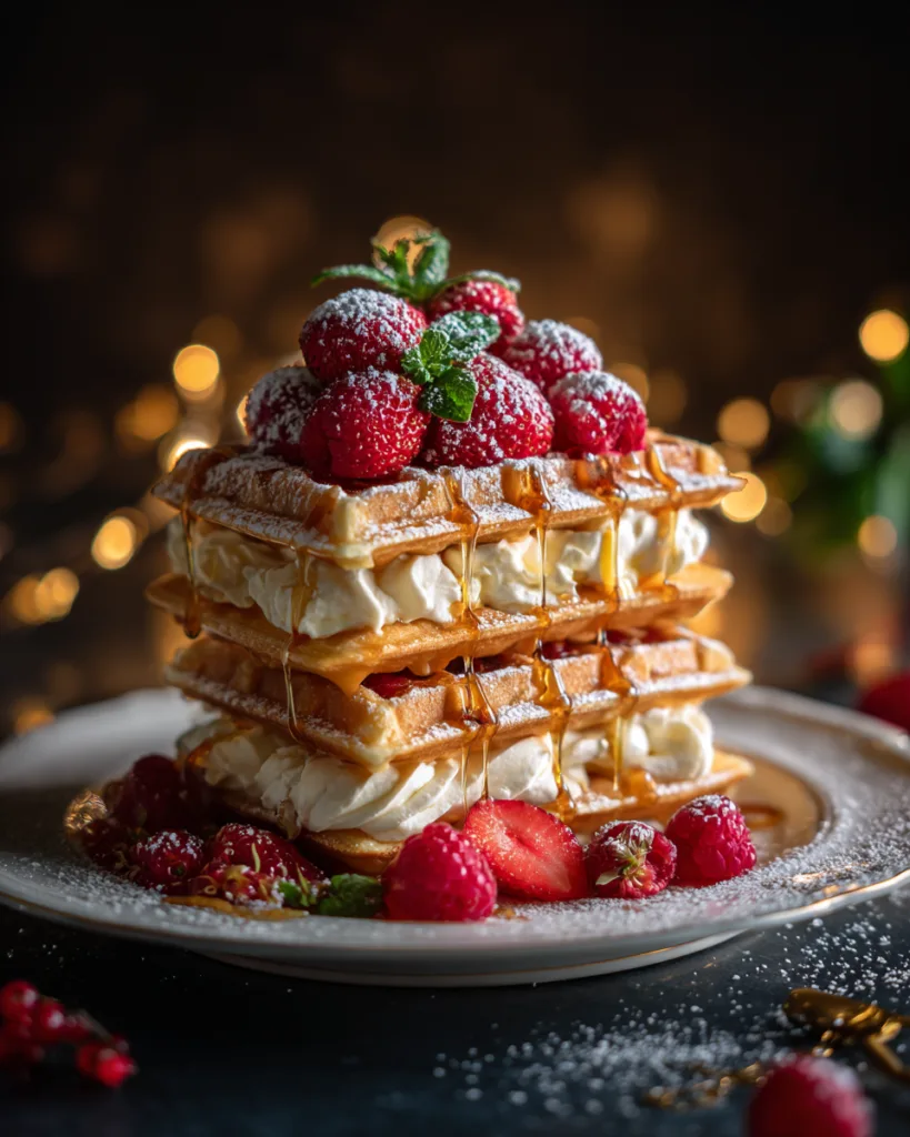 Fertige Millefeuille Waffeln mit Sahne, Erdbeeren und Karamell – Hauptbild