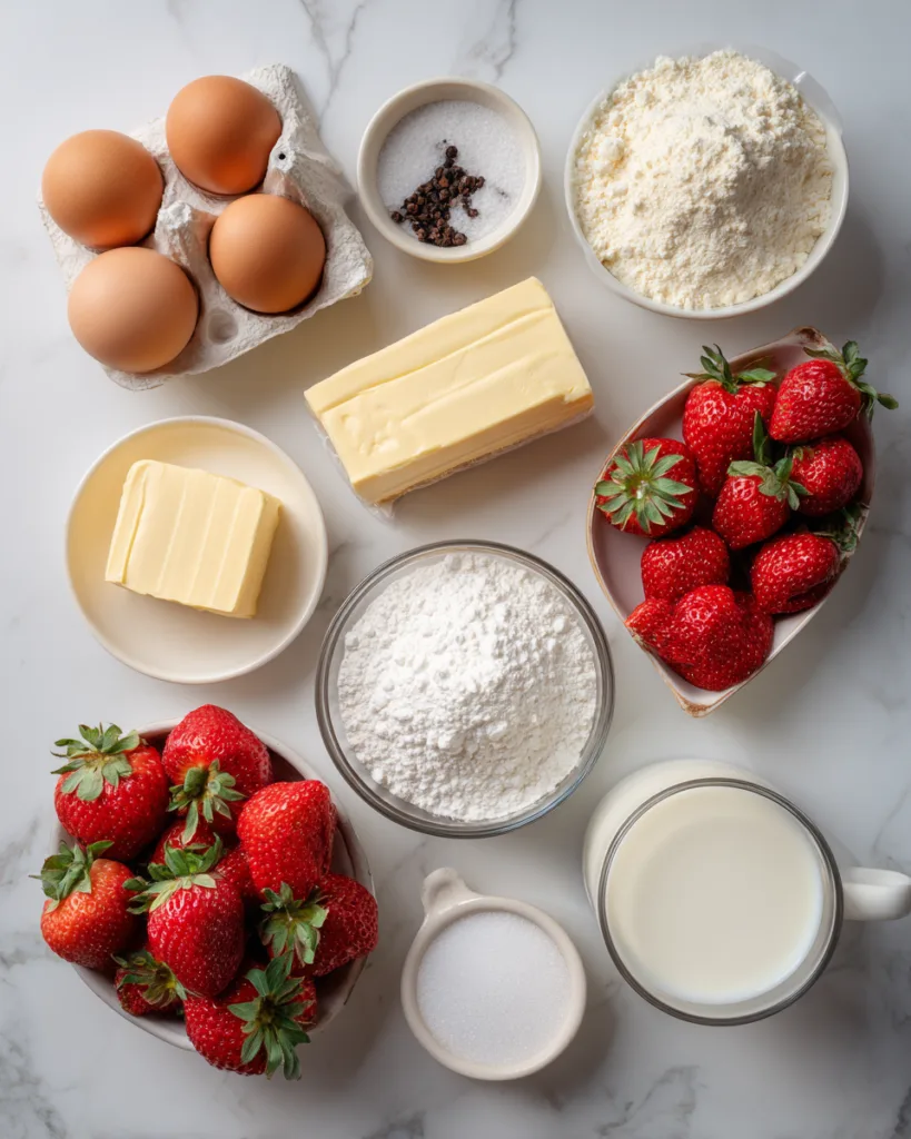 Alle Zutaten für Millefeuille Waffeln auf Marmorfläche arrangiert