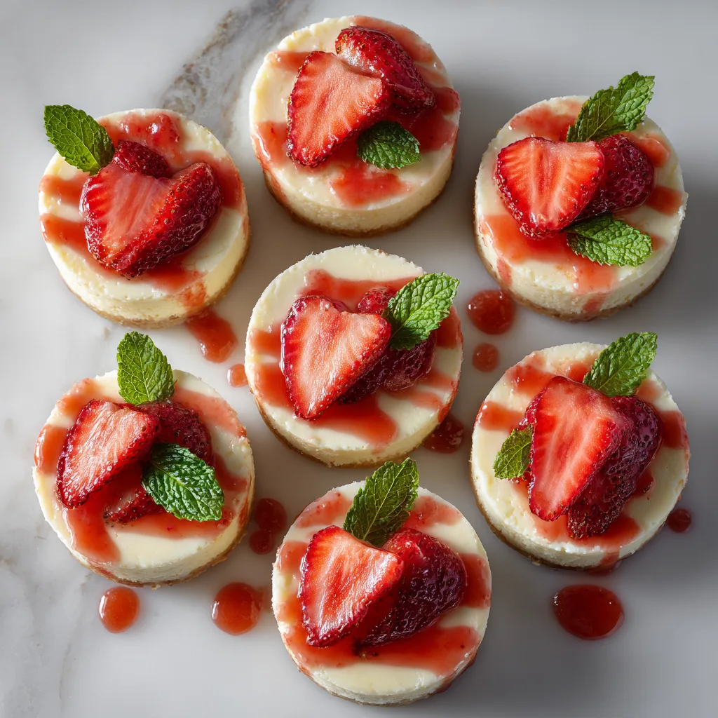 Mini Erdbeer Cheesecakes von oben mit frischen Erdbeeren