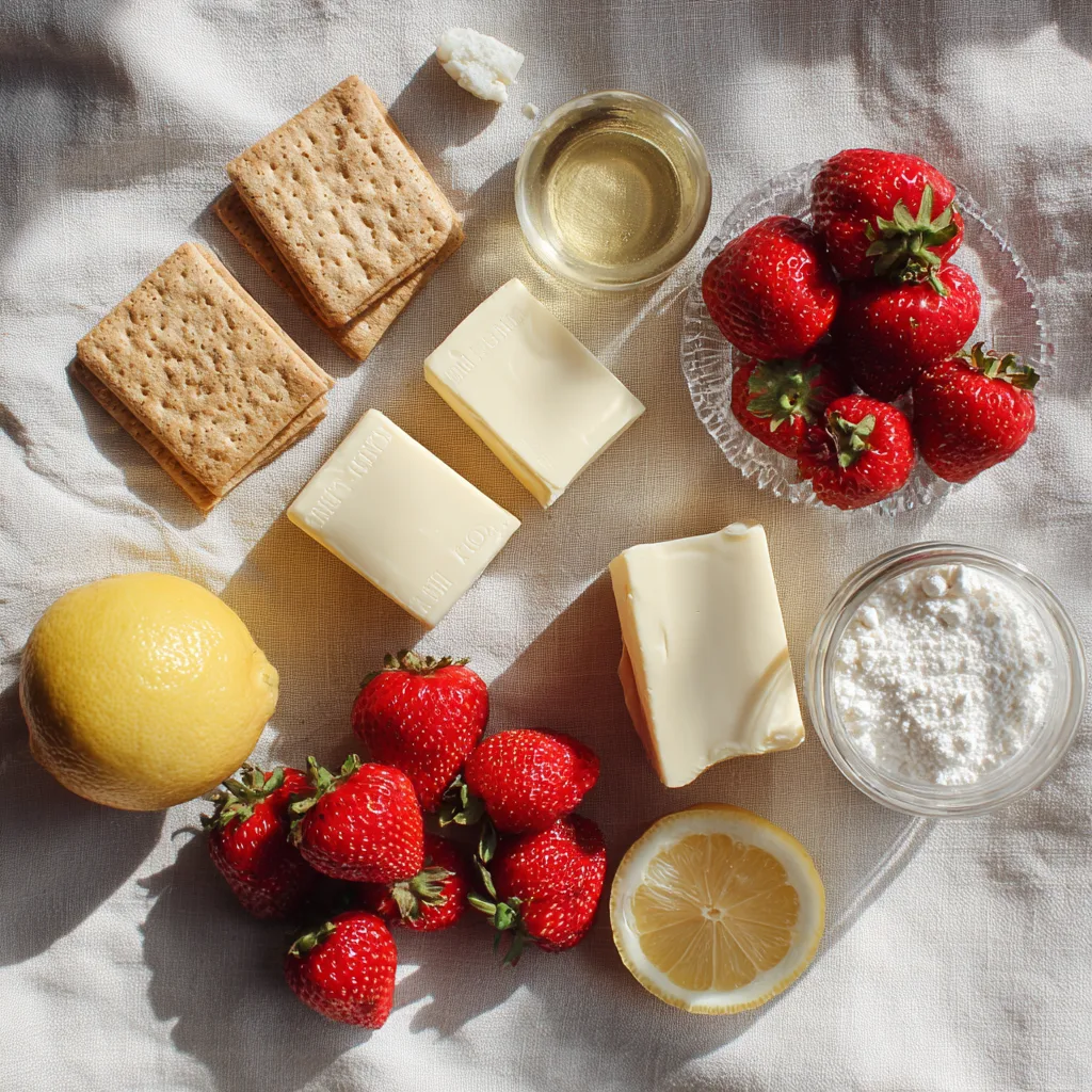 Zutaten für Mini Erdbeer Cheesecakes Flat Lay