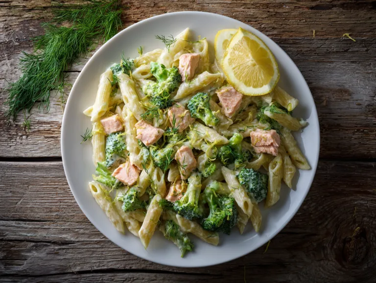 Nudeln mit Brokkoli und Lachs in weißem Pastateller von oben