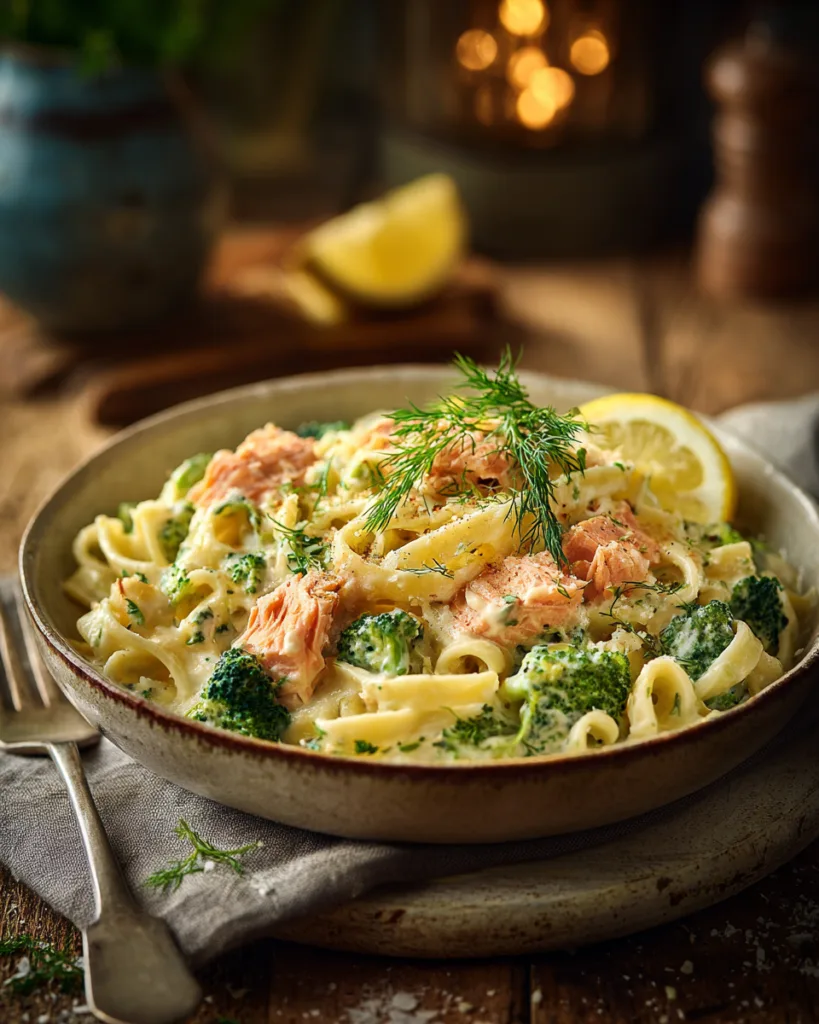 Fertiger Teller Nudeln mit Brokkoli und Lachs cremig garniert