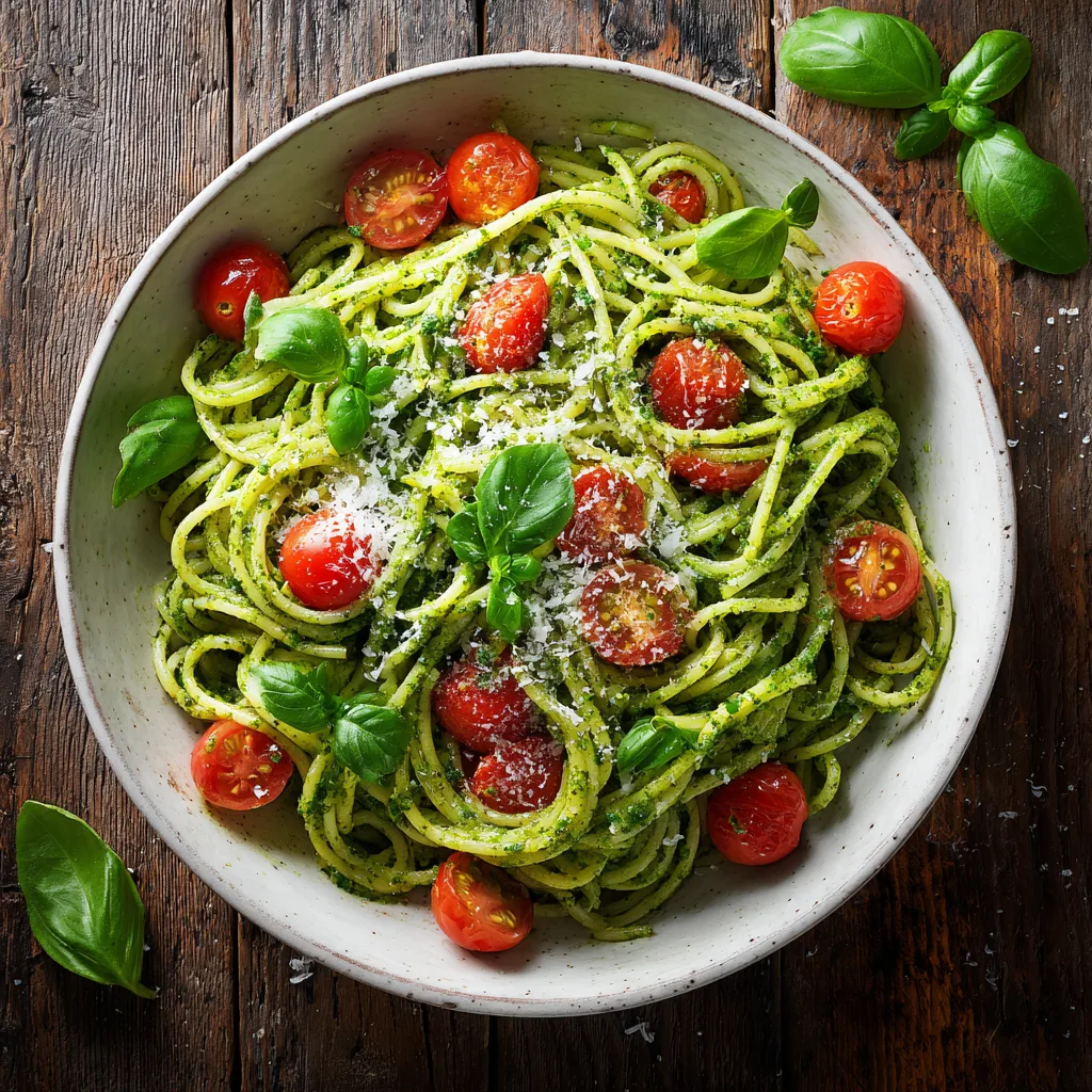 Nudeln mit Pesto und Kirschtomaten in einer weißen Schüssel von oben