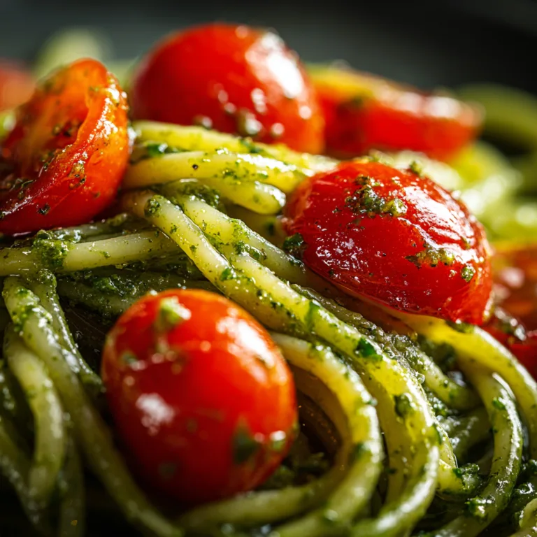 Nahaufnahme von Pesto-Nudeln mit glänzenden Kirschtomaten