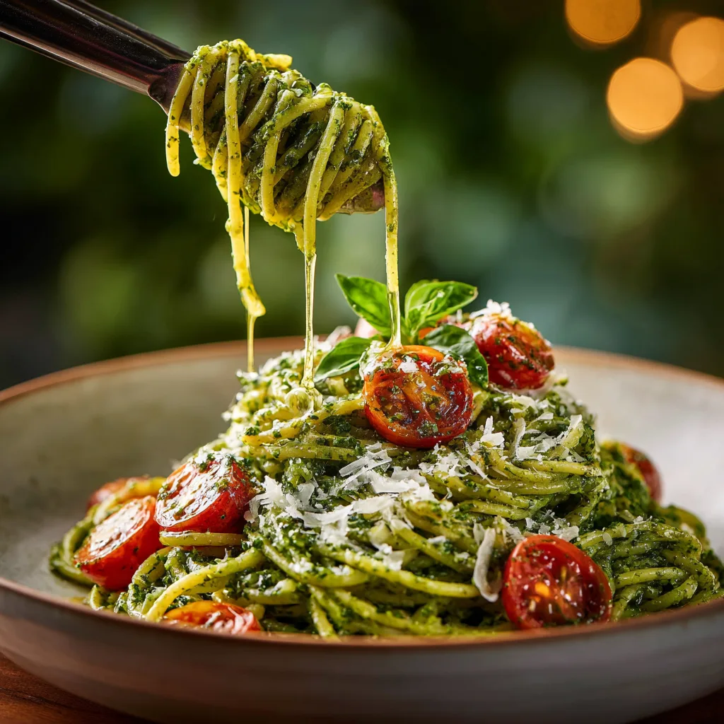 Fertiges Gericht Nudeln mit Pesto und Kirschtomaten servierfertig