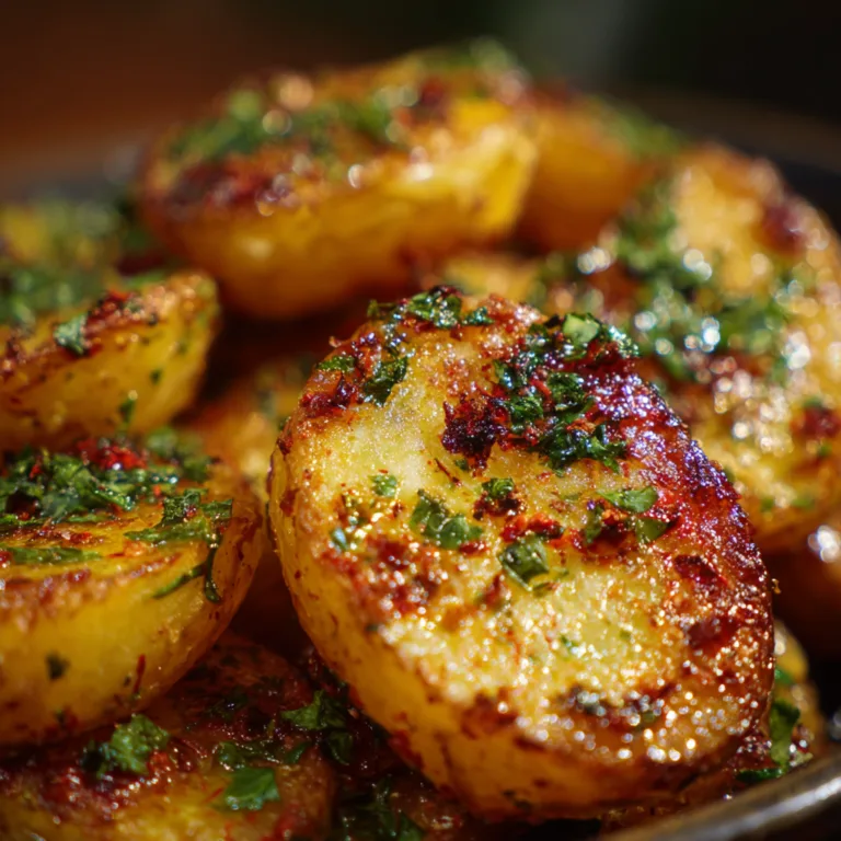 Nahaufnahme von goldbraunen knusprigen Ofenkartoffeln mit Kräutern