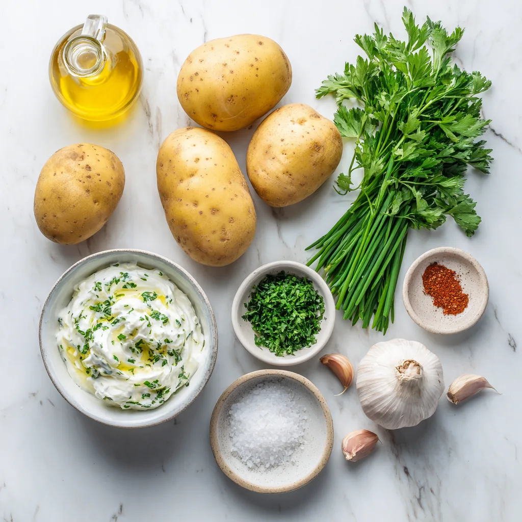 Alle Zutaten für Ofenkartoffeln mit Kräuterquark auf Marmor