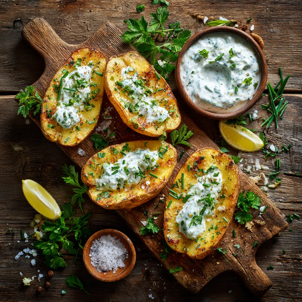 Ofenkartoffeln mit Kräuterquark auf einem rustikalen Holzbrett von oben