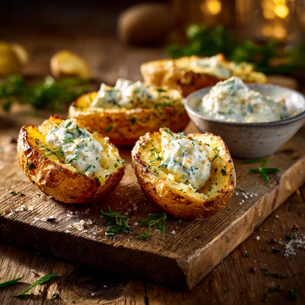 Fertige Ofenkartoffeln mit Kräuterquark serviert auf Holzbrett