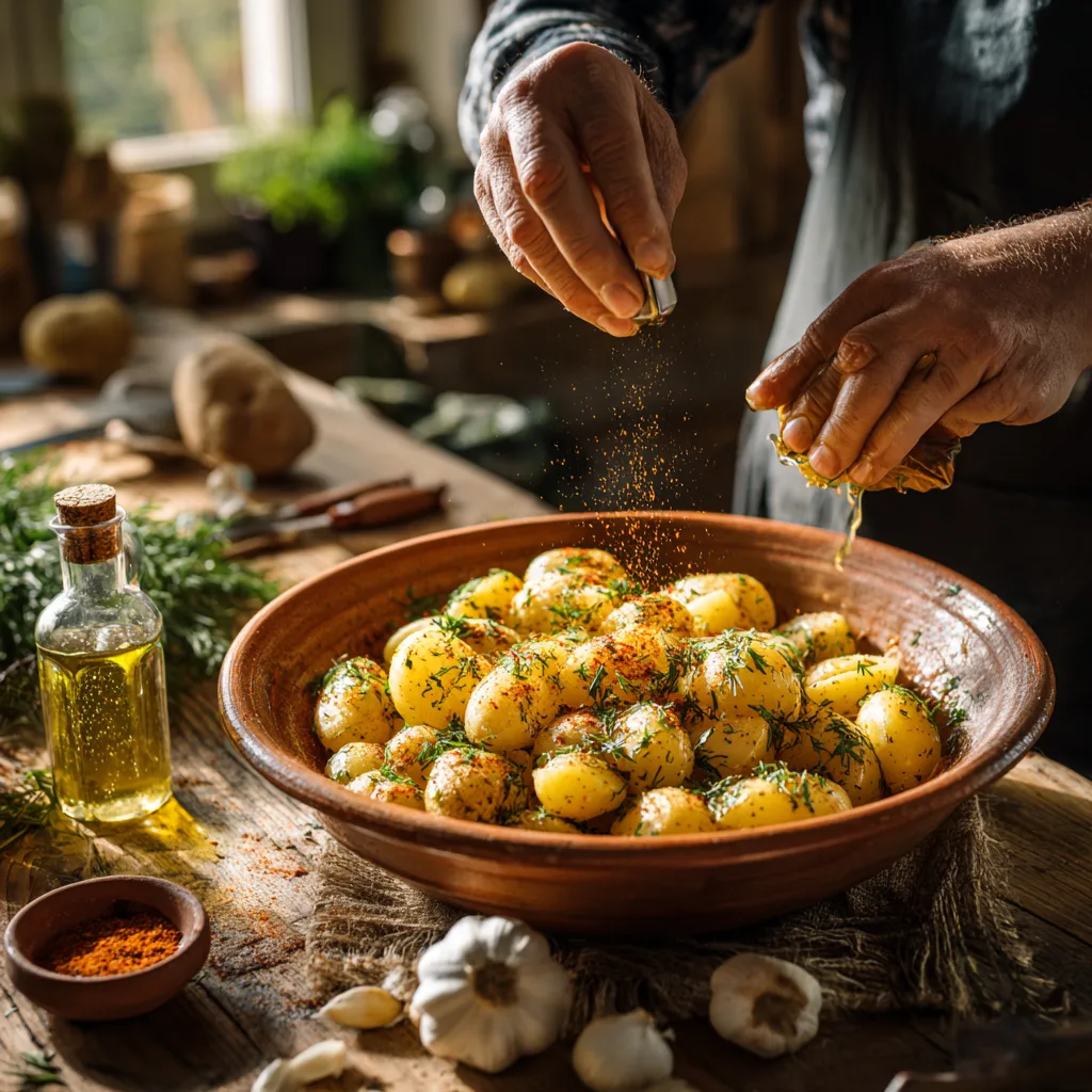 Kartoffelspalten mit Olivenöl und Gewürzen für Ofenkartoffeln mischen