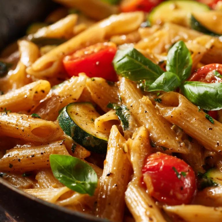 Nahaufnahme cremige One Pot Pasta Sauce mit Penne und Gemüse