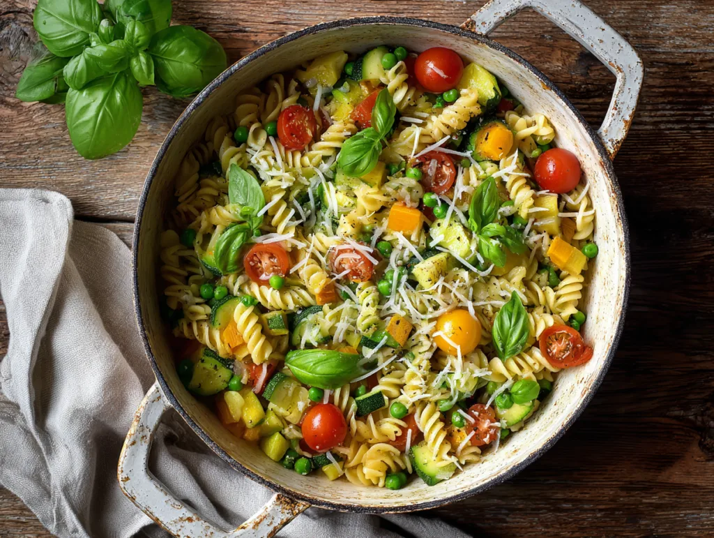 One Pot Pasta mit Frühlingsgemüse von oben im Topf