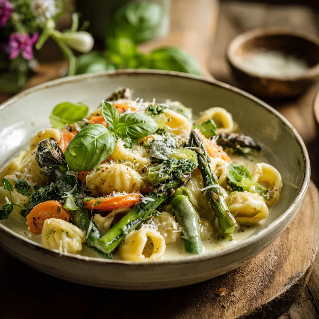 Fertige One Pot Pasta mit Frühlingsgemüse in einem Teller angerichtet