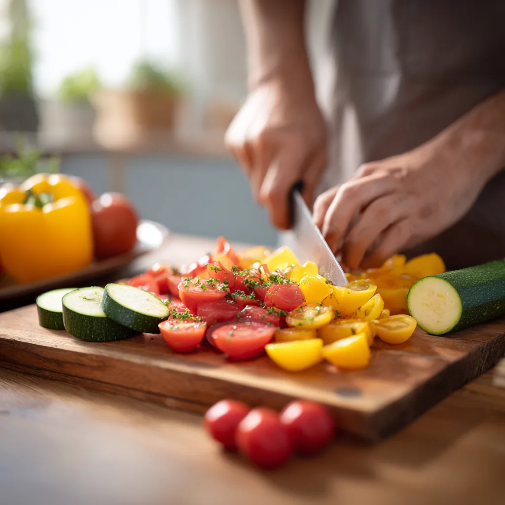 Gemüse schneiden für One Pot Pasta Rezept Vorbereitung