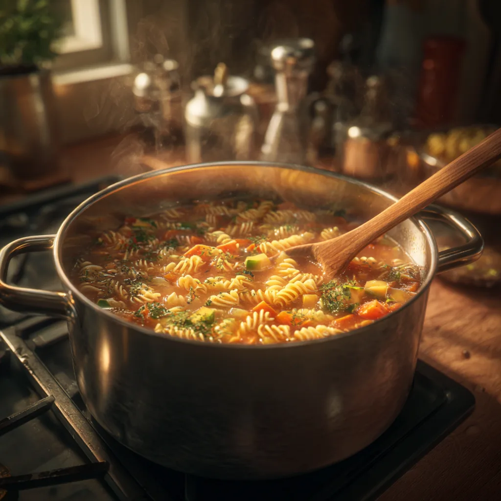 One Pot Pasta köchelt im Topf auf dem Herd mit Dampf