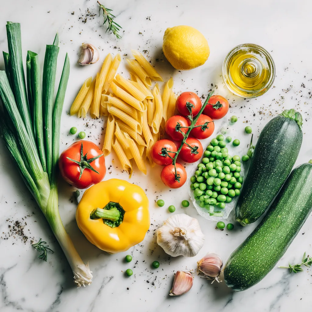 Zutaten für One Pot Pasta mit Frühlingsgemüse auf Marmor
