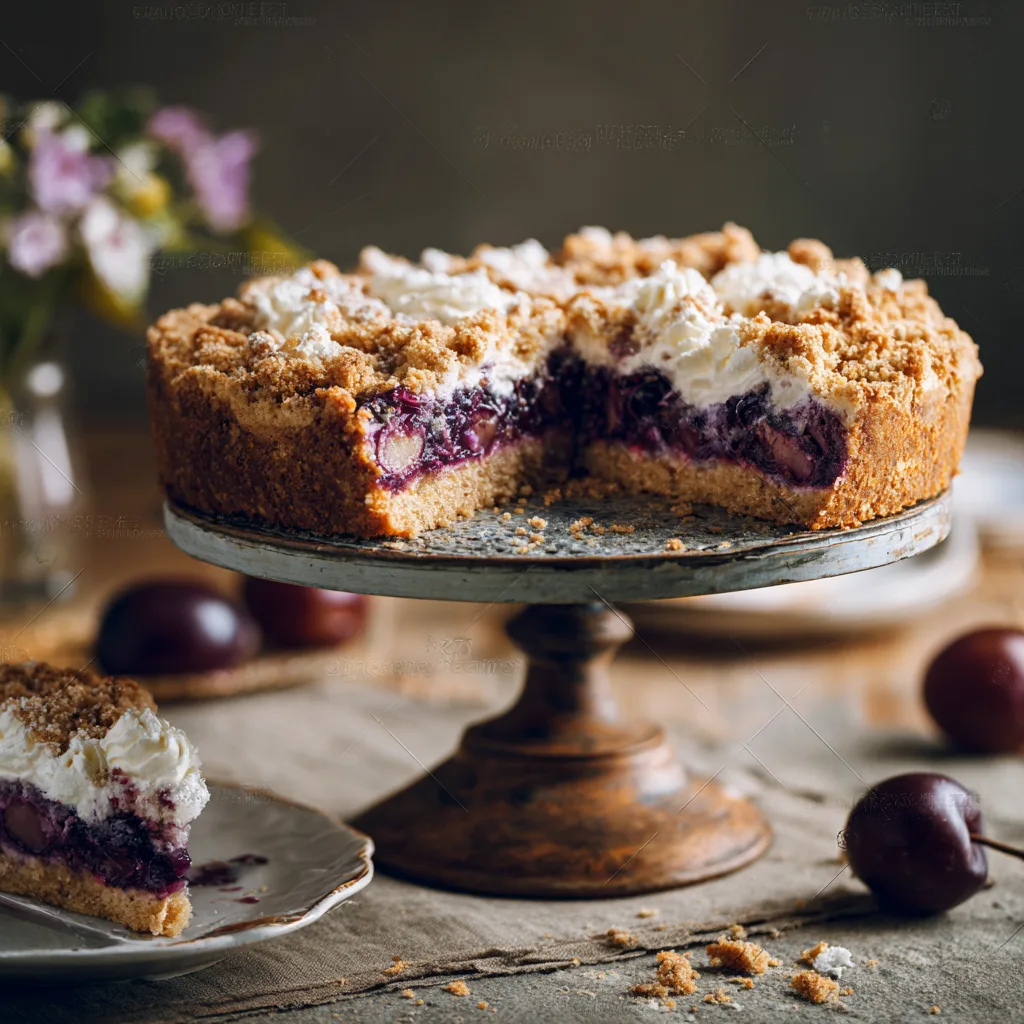 Fertiger Pflaumenkuchen mit Streuseln auf Kuchenständer serviert