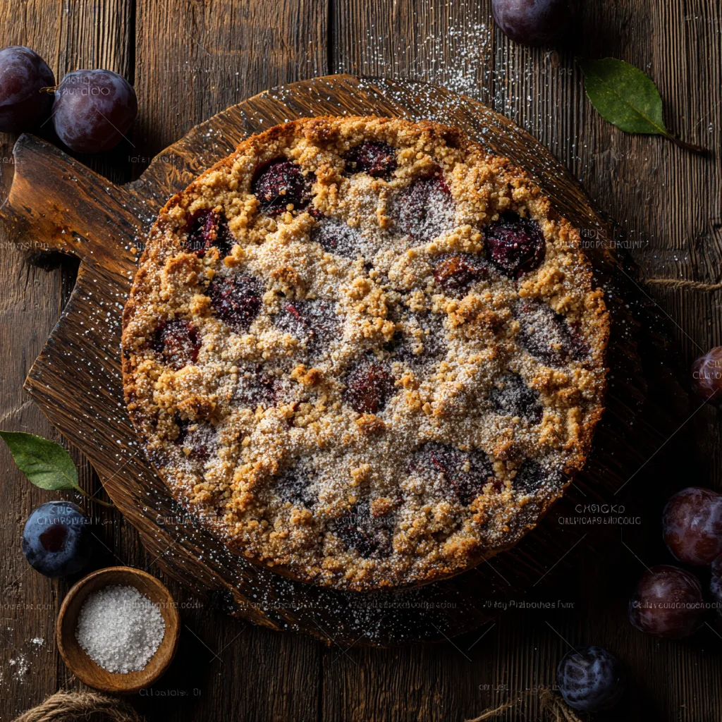 Pflaumenkuchen mit Streuseln von oben – klassisches Rezept