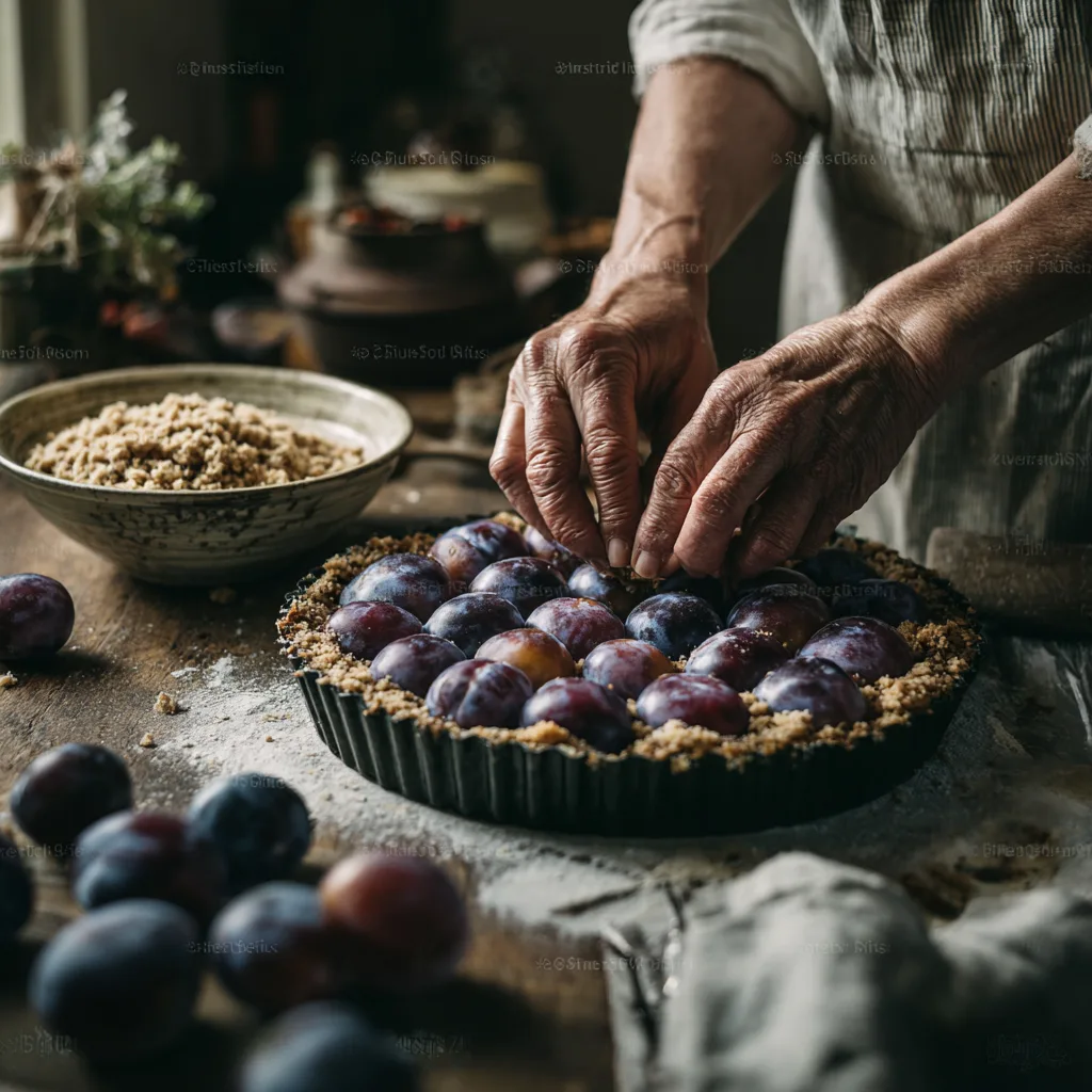 Zwetschgen auf Pflaumenkuchen Teig legen – Zubereitungsschritt