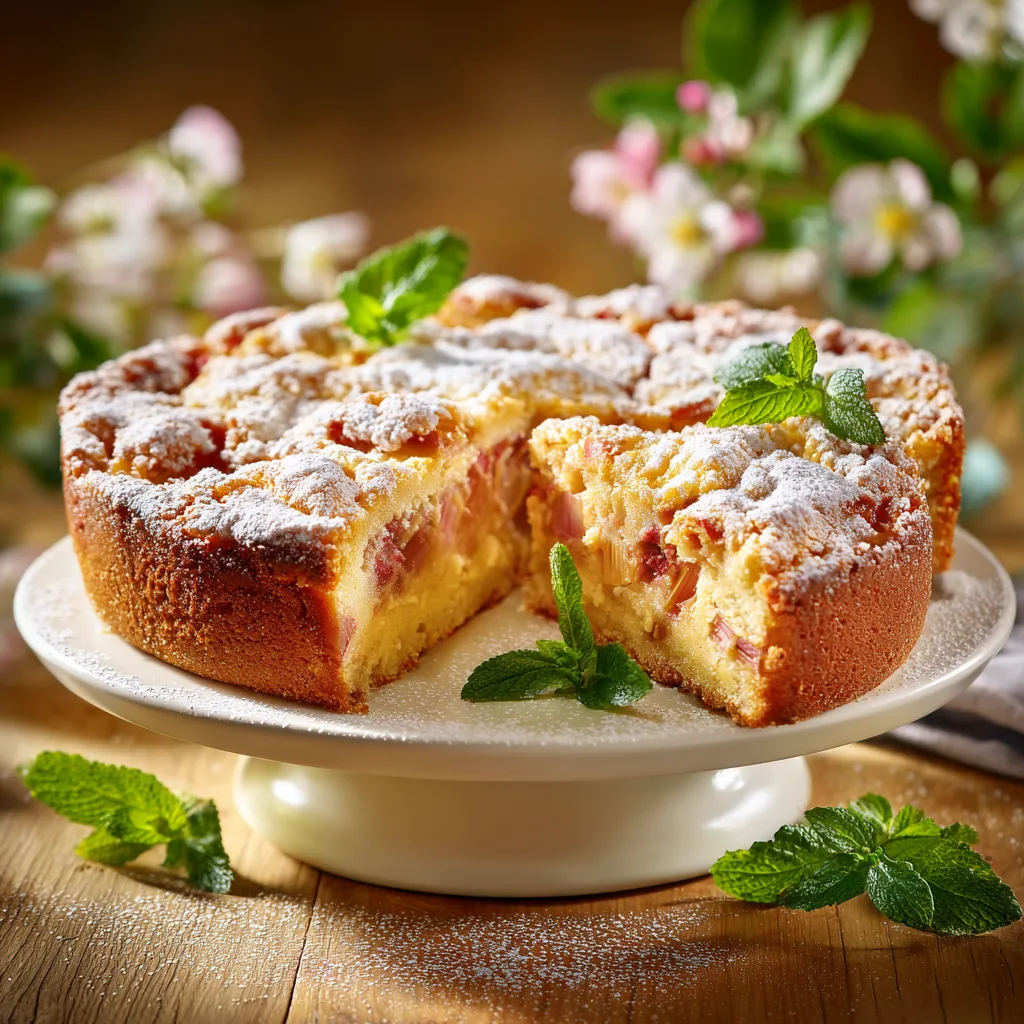 Fertiger Rhabarber-Streuselkuchen auf Kuchenständer mit Puderzucker