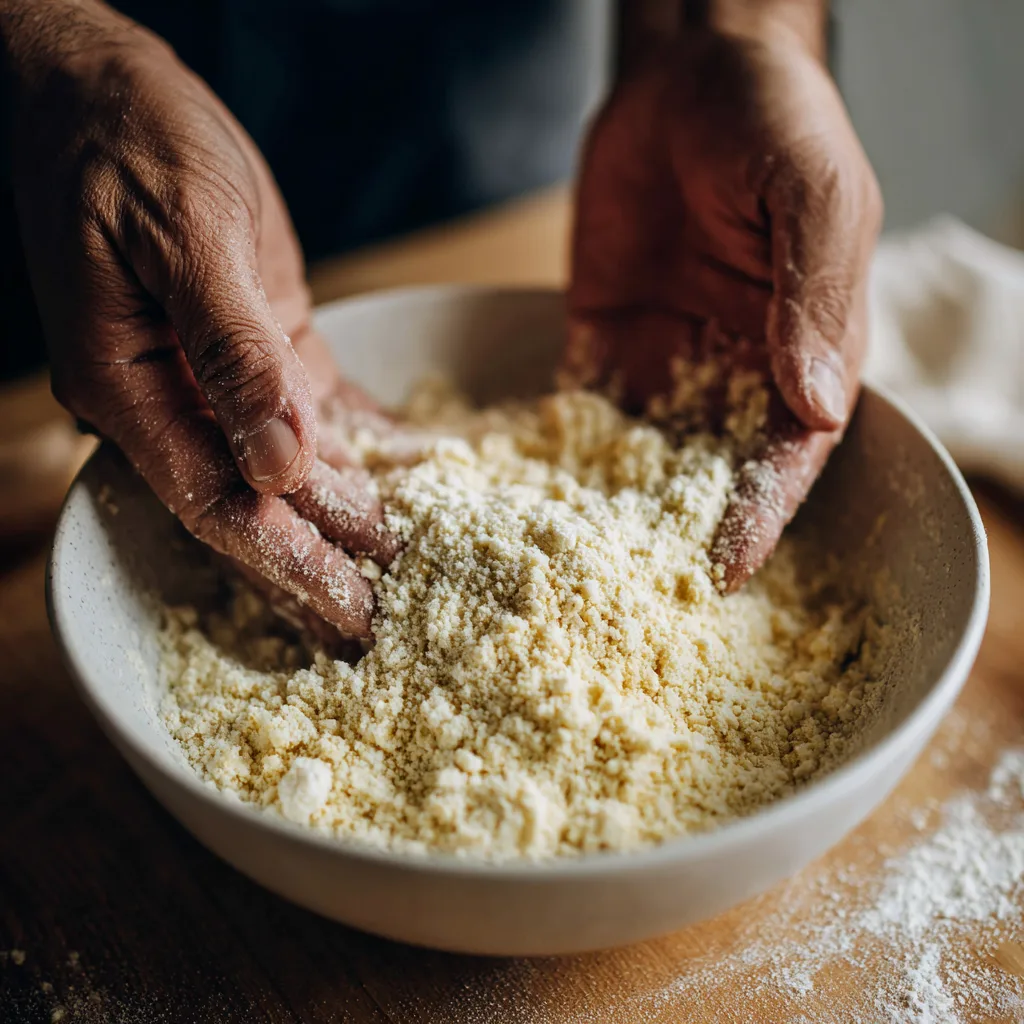 Streusel für Rhabarber-Streuselkuchen mit den Händen zubereiten