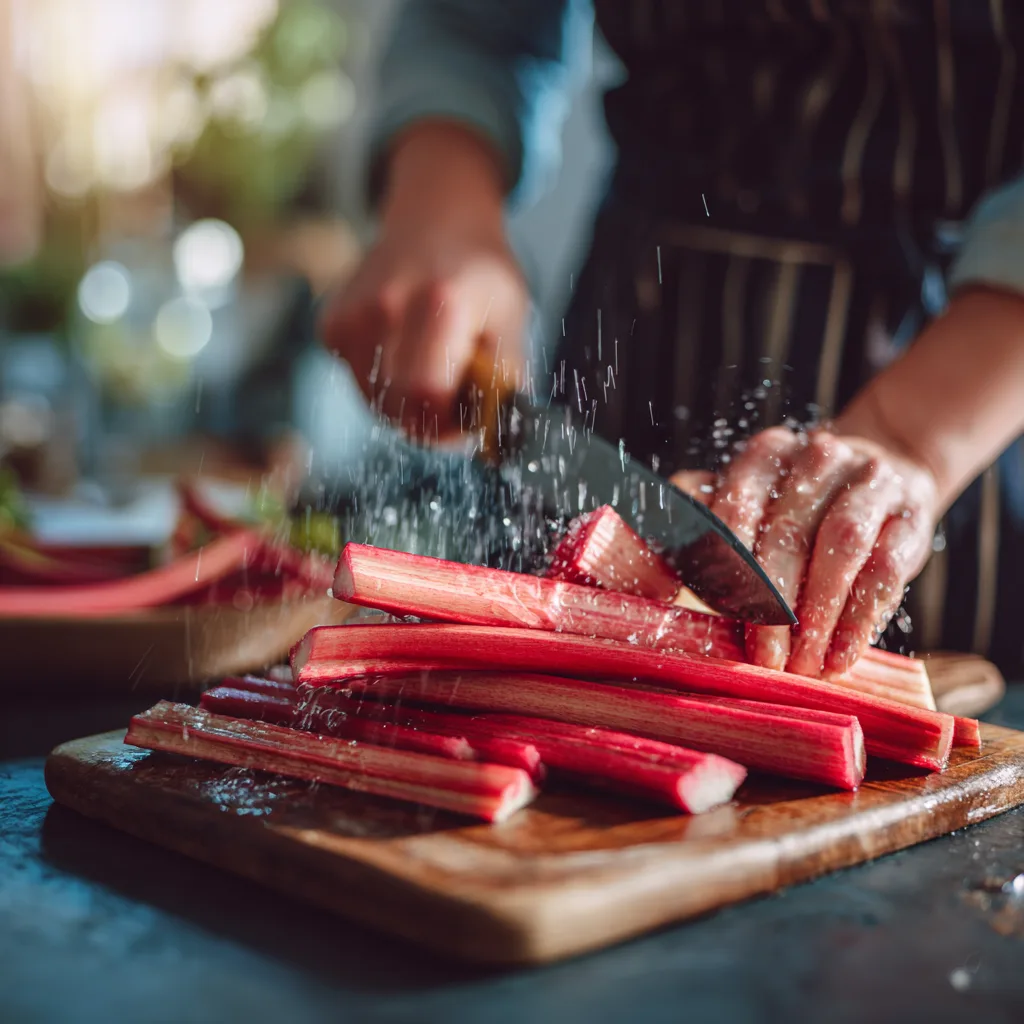Rhabarber schneiden – Vorbereitung für Rhabarber-Streuselkuchen