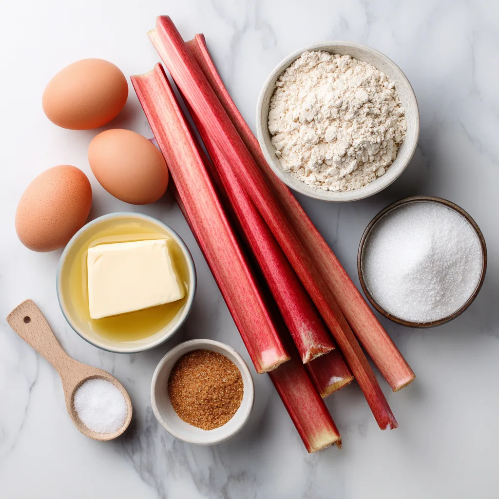 Zutaten für Rhabarber-Streuselkuchen – Flat Lay auf Marmor