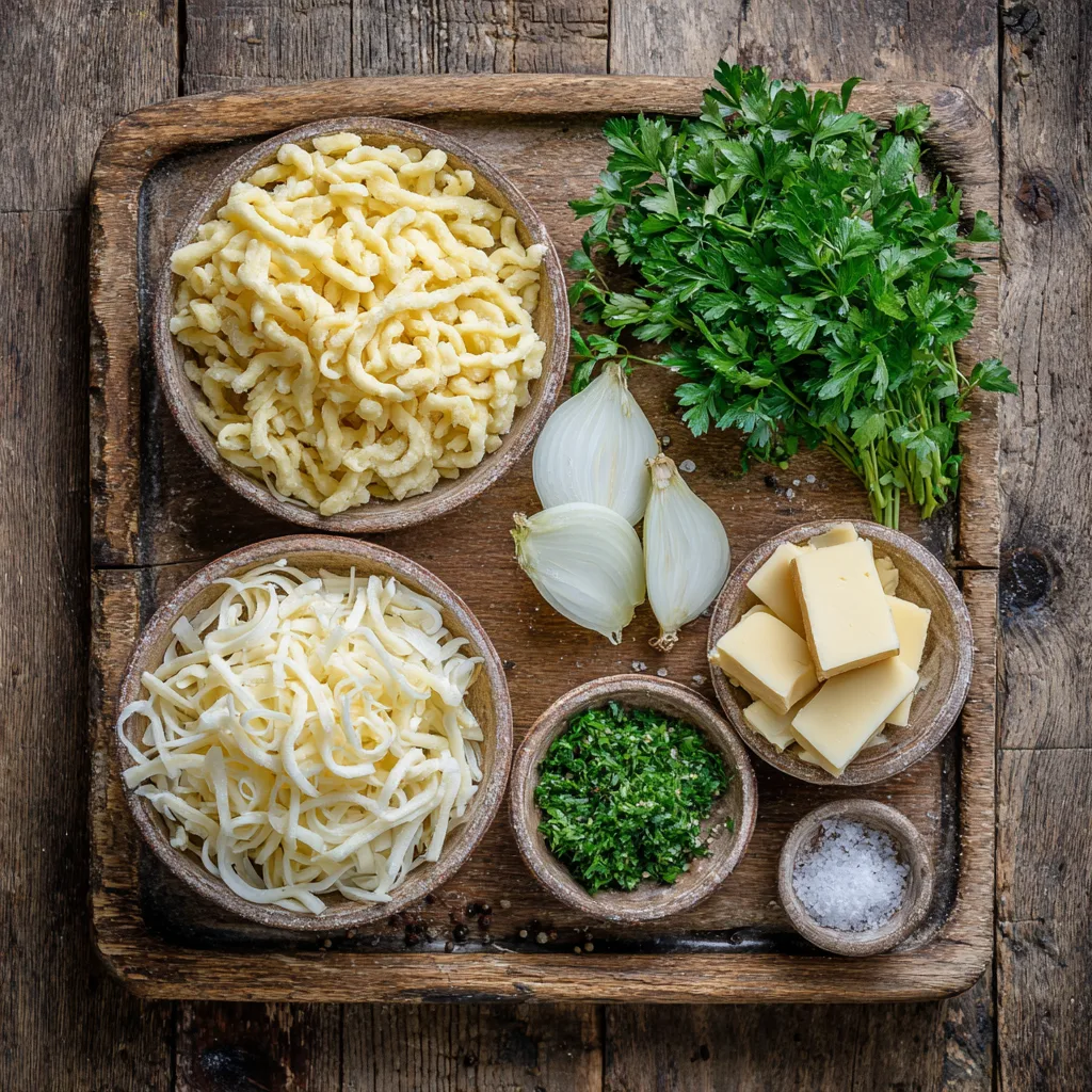 Zutaten für Käsespätzle mit Röstzwiebeln als Flat Lay