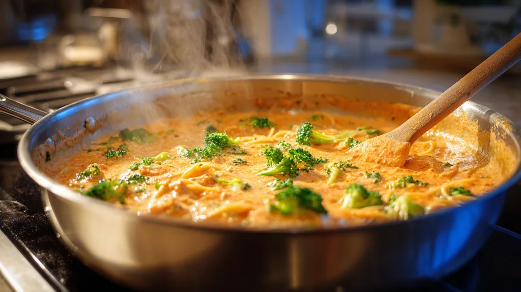 Soße rühren in der Pfanne für Nudeln mit Brokkoli und Lachs