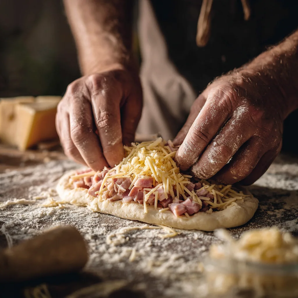 Schinken und Käse in den Teig falten – Schinkenbrot Schritt 2