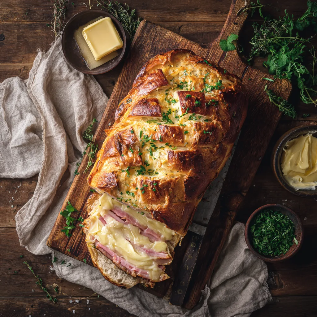 Schinkenbrot Rezept – Draufsicht auf das fertige Brot mit Schinken und Käse