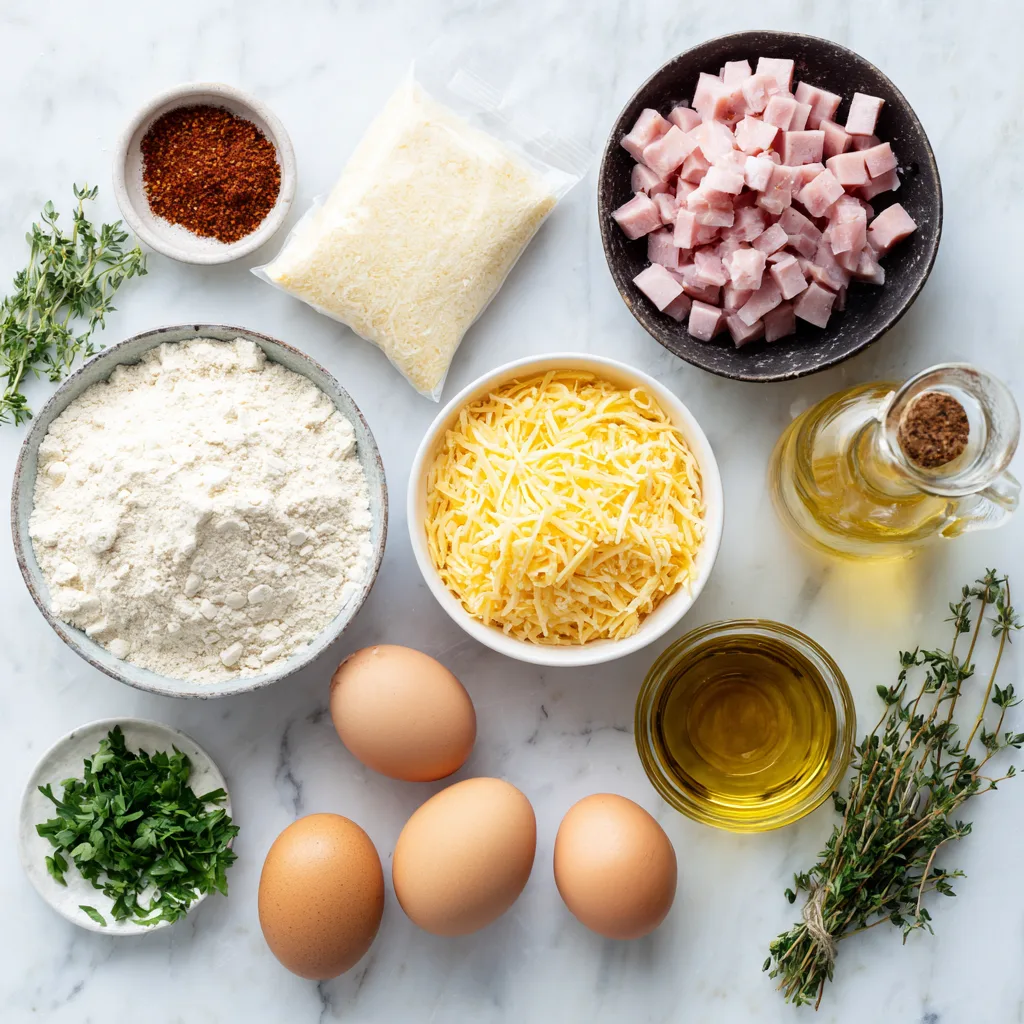 Zutaten für Schinkenbrot – Mehl, Schinken, Käse, Hefe