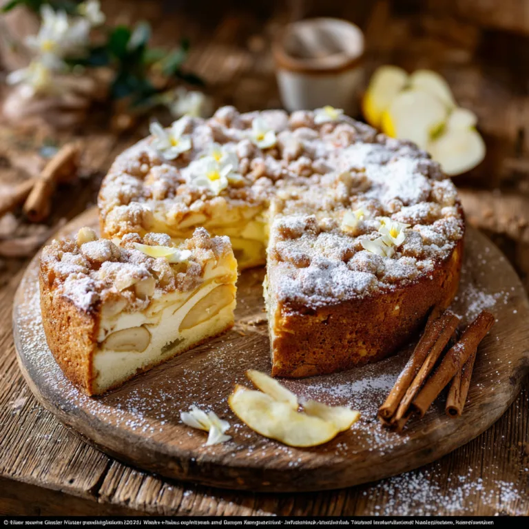 „Schneewittchenkuchen von oben – saftiger Apfelkuchen mit Vanillecreme und Streuseln“
