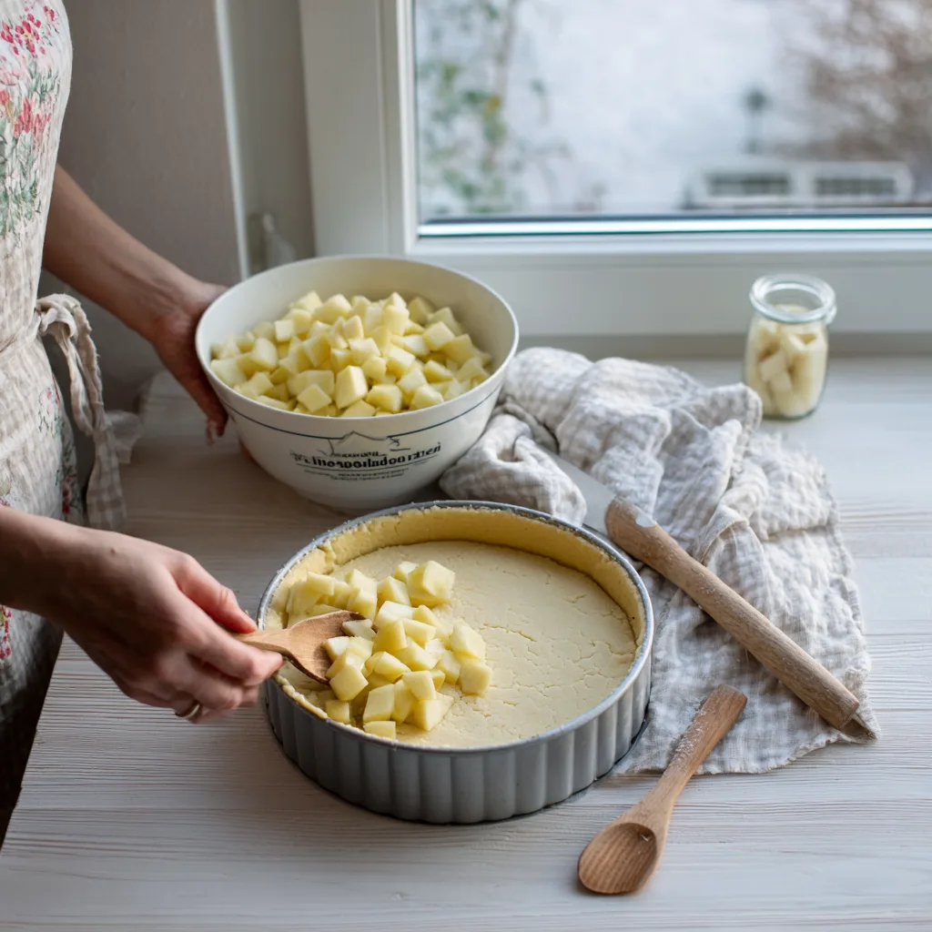 „Vorbereitung des Schneewittchenkuchens – Teigboden in der Form und geschnittene Äpfel“