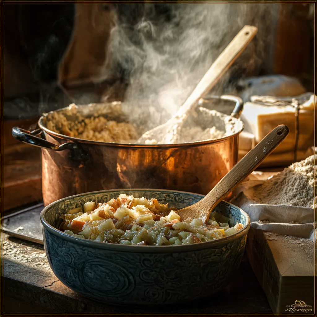 „Kochende Apfelmasse und vorbereitete Streusel für Schneewittchenkuchen“