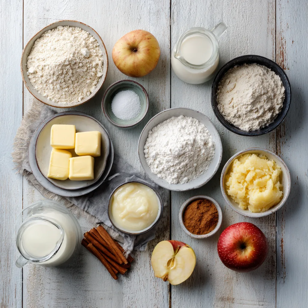 „Zutaten für Schneewittchenkuchen – Äpfel, Mehl, Butter, Zucker, Vanillecreme-Zutaten und Streuselzutaten“