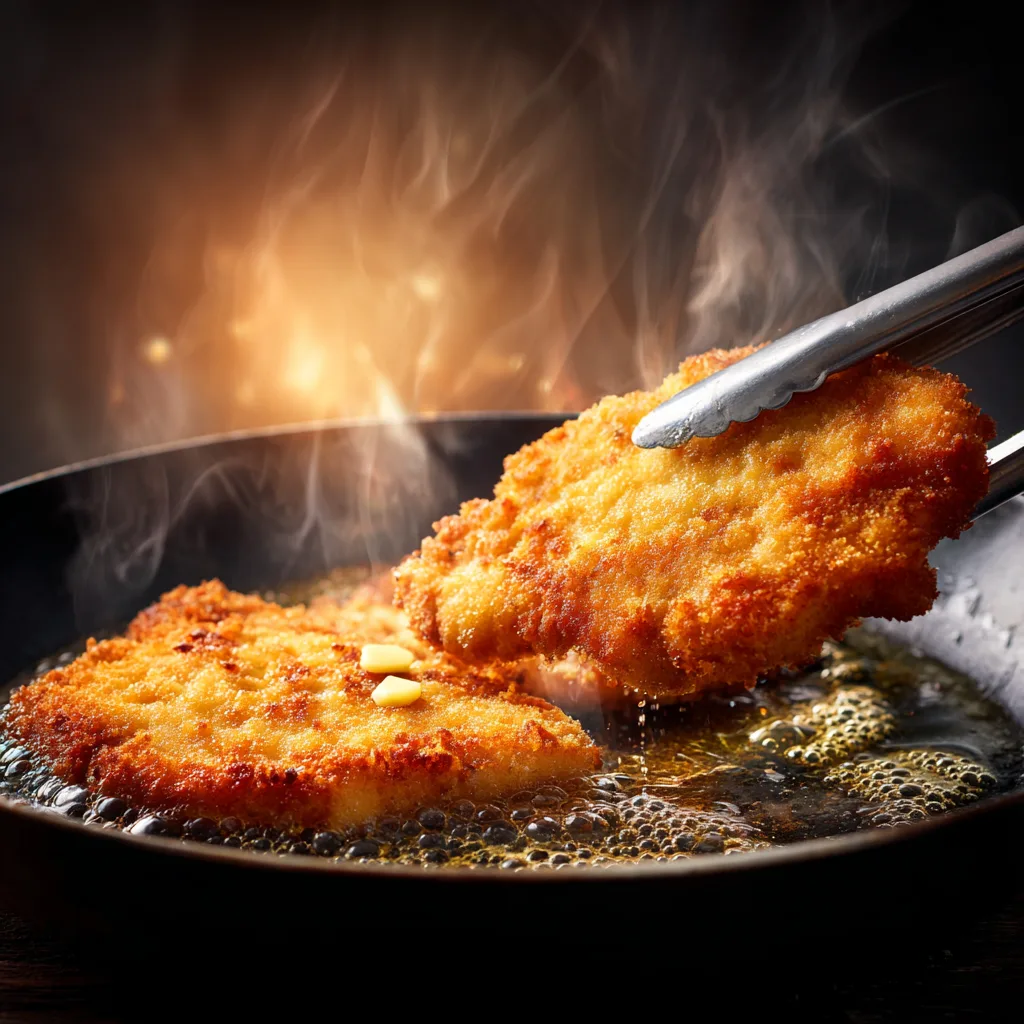 Schnitzel mit Zitrone in Pfanne braten goldbraun