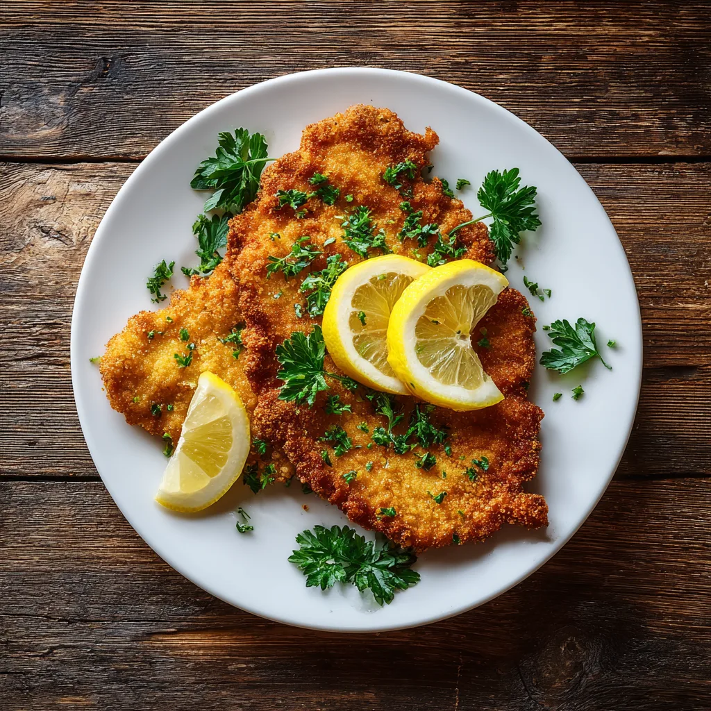 Schnitzel mit Zitrone auf weißem Teller von oben